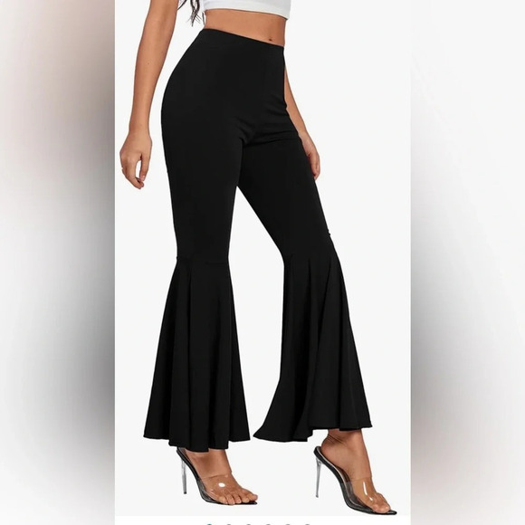 LYANER Casual High Waist Ruffle Flare Pants Wide Leg Solid Stretchy Bell Bottom - Picture 2 of 14